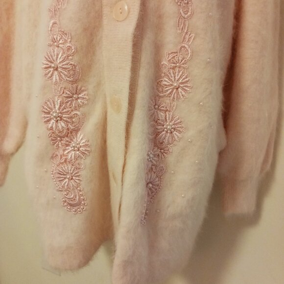 Lee Sands O/S Granny Core Long Angora Blend Baby Pink Cardigan W/ Embellishment - Picture 11 of 16